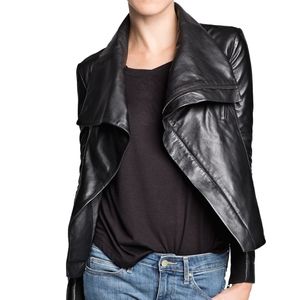 Mango Genuine Leather Drape Front Jacket Black